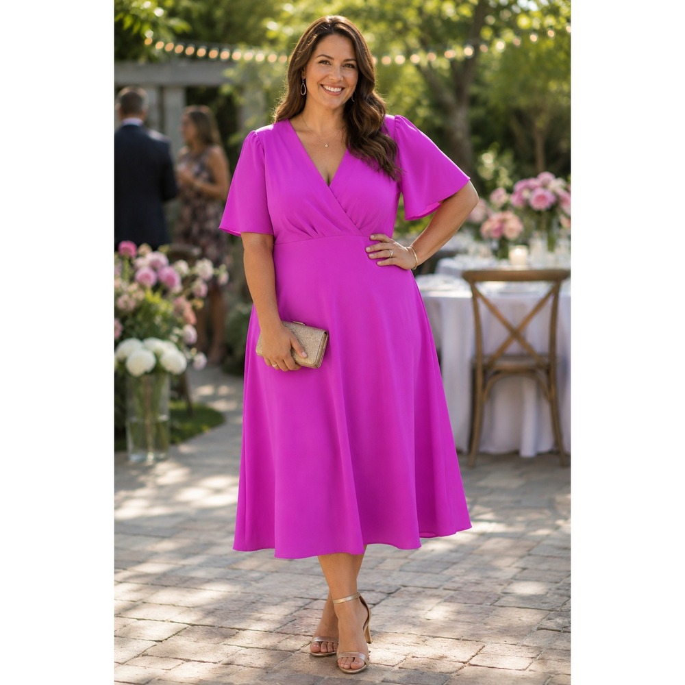 DKNY  Size 16W Pink V-Neck Short Sleeve Midi Dress New With Tags Barbiecore